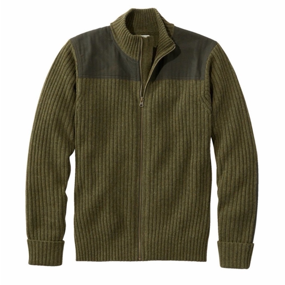 LL Bean Merino Lambswool Commando Men’s Ribbed Full Zip Fisherman Sweater